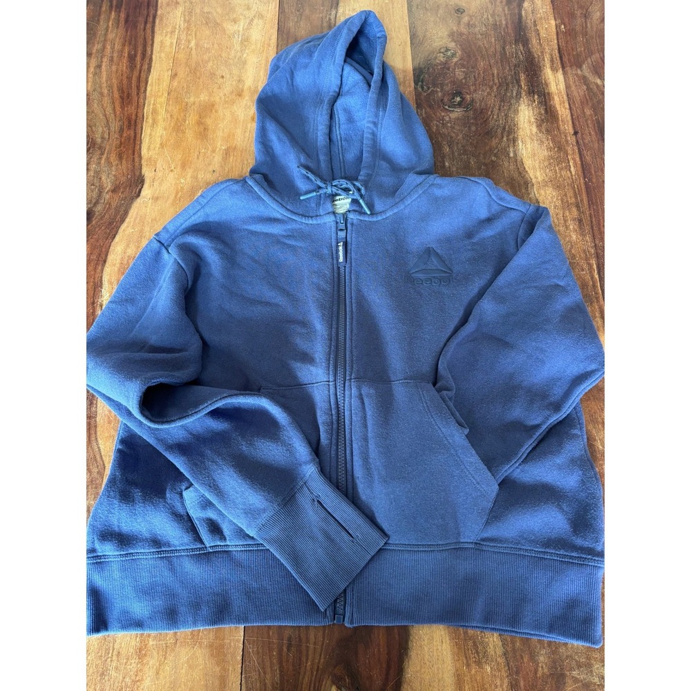 Reebok full zip hoodie mens size S blue thumbhole long sleeve fleece sporty logo